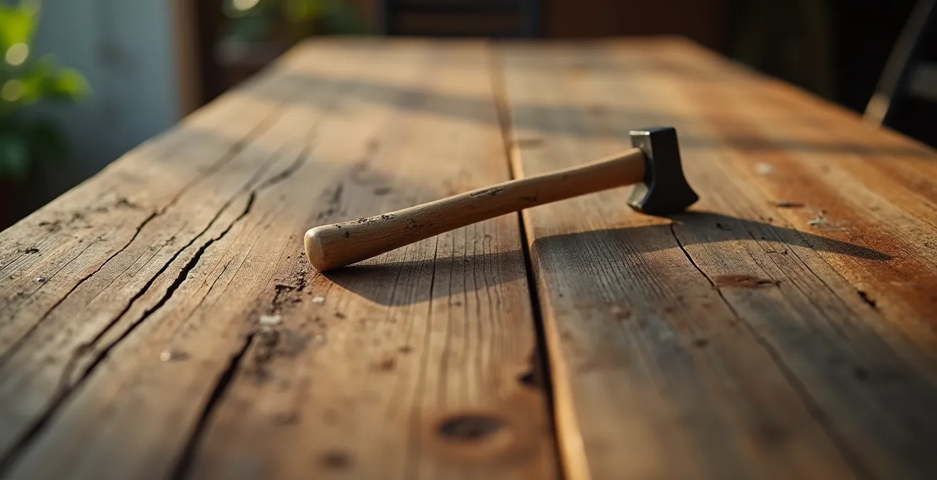 Détail macro de la surface patinée d'une table en bois montrant les traces du temps