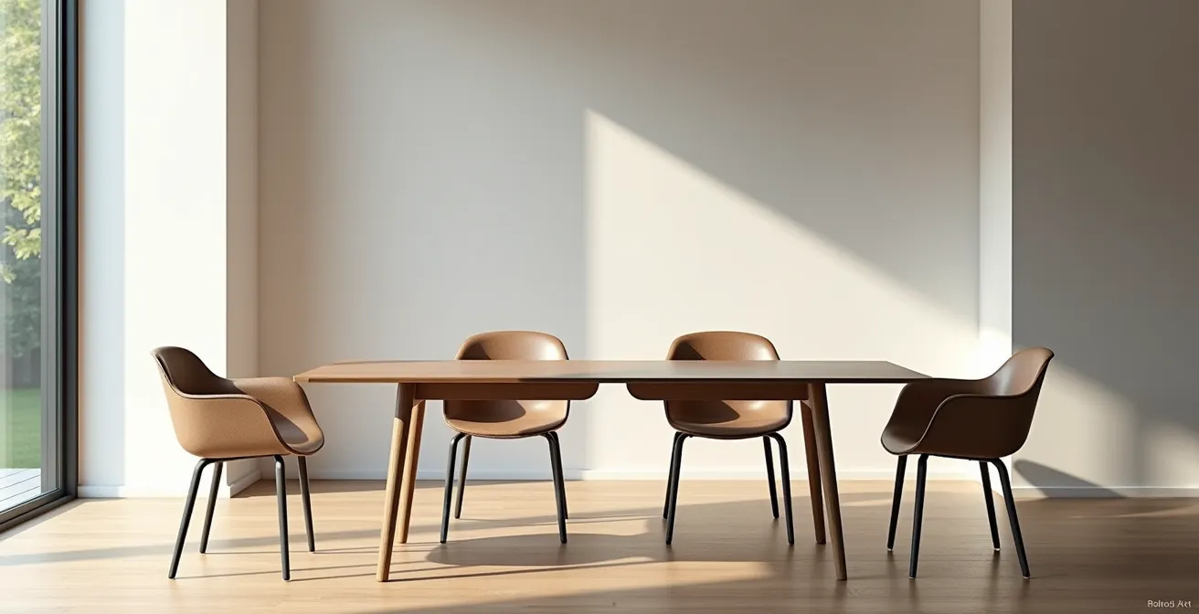 Vue minimaliste d'une table moderne dans un espace épuré avec lumière naturelle