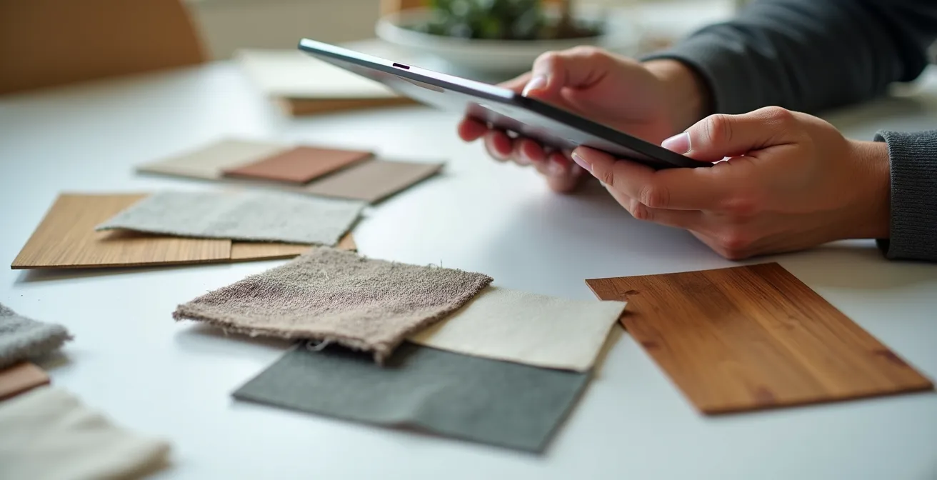 Gros plan sur des mains tenant une tablette avec des échantillons de matériaux disposés autour