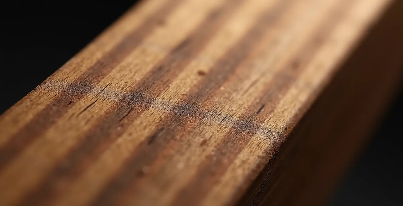 Détail macro sur la texture du bois d'une table montrant les veines et la finition artisanale