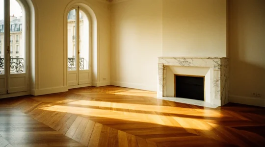 Intérieur sophistiqué mélant surfaces en marbre veiné et mobilier en bois noble dans une ambiance lumineuse