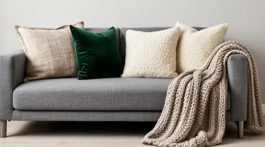 Composition harmonieuse de textiles mélangés avec lin écru, velours émeraude et plaid en laine bouclée sur un canapé moderne