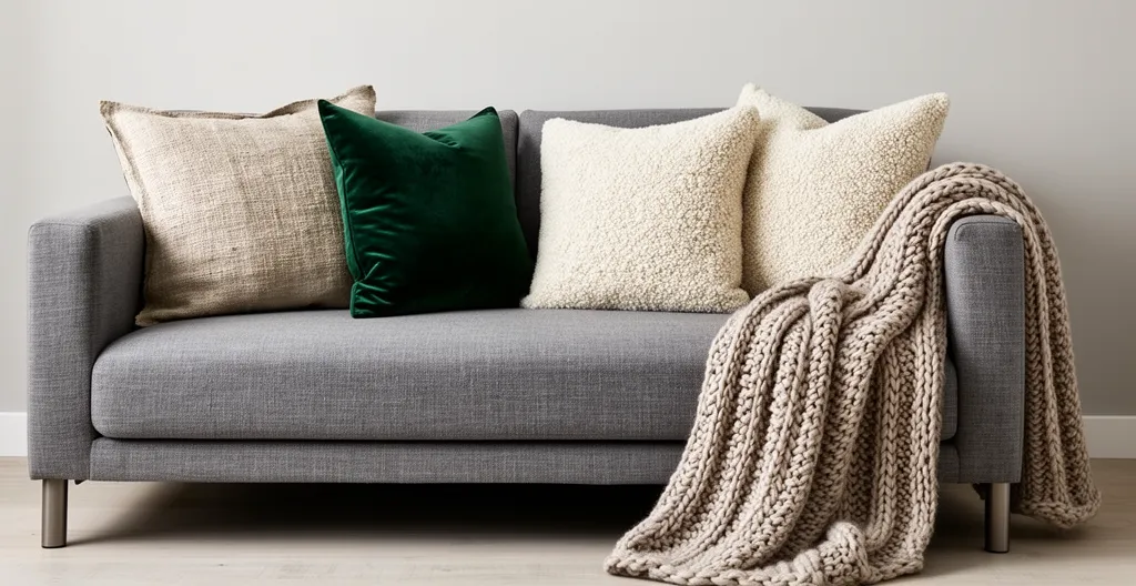 Composition harmonieuse de textiles mélangés avec lin écru, velours émeraude et plaid en laine bouclée sur un canapé moderne