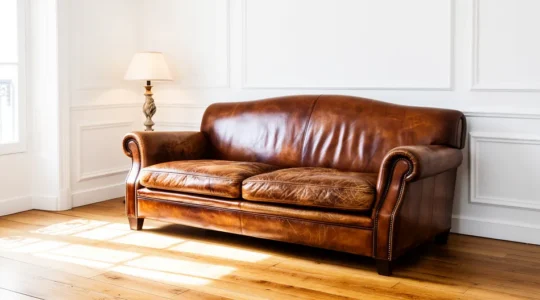 Canapé en cuir de qualité dans un salon français lumineux, montrant l'usure du temps comme un avantage esthétique