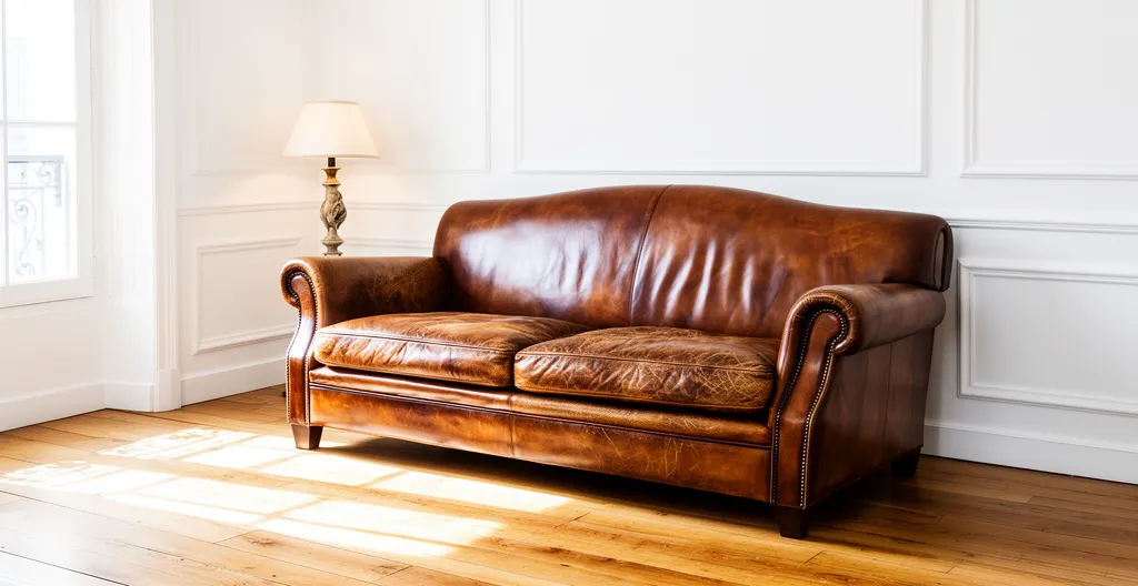 Canapé en cuir de qualité dans un salon français lumineux, montrant l'usure du temps comme un avantage esthétique
