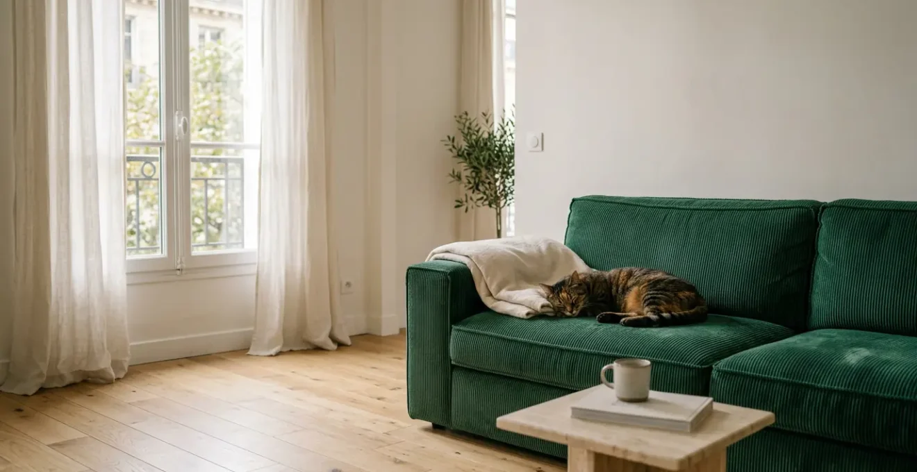 Chat tigré sur un canapé en velours côtelé vert émeraude dans un salon français avec parquet en chêne
