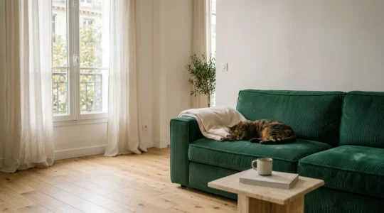 Chat tigré sur un canapé en velours côtelé vert émeraude dans un salon français avec parquet en chêne