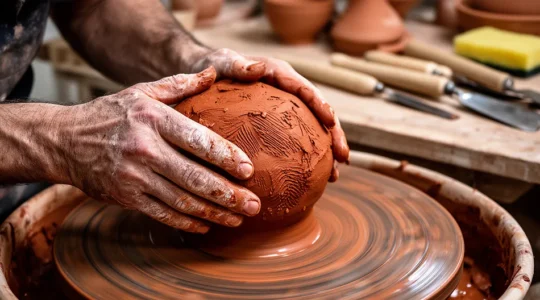 Mains d'artisan potier travaillant l'argile sur un tour avec des traces visibles d'empreintes digitales et de tournage