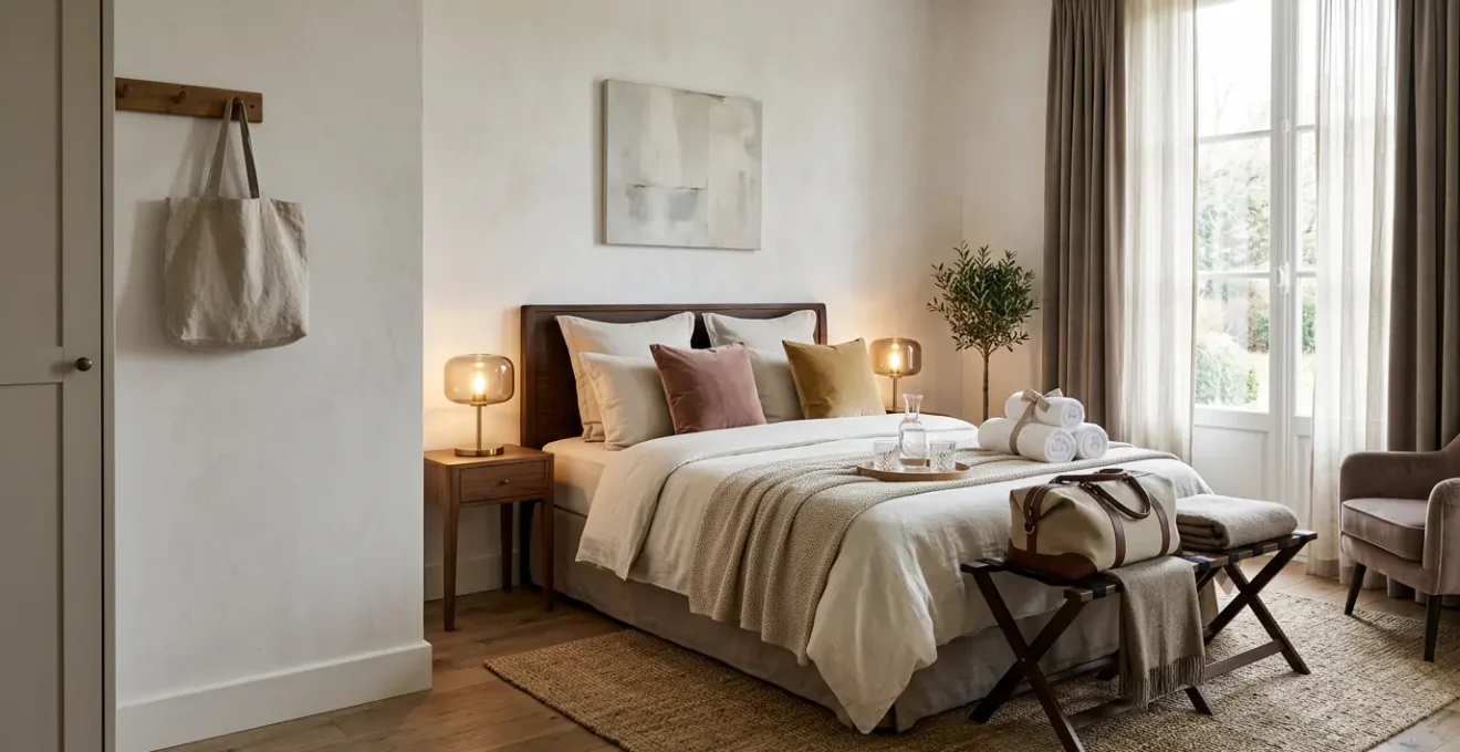Chambre d'amis aménagée avec des détails hôtel de luxe, montrant un porte-valise en bois, des serviettes pliées, un éclairage tamisé et une ambiance accueillante