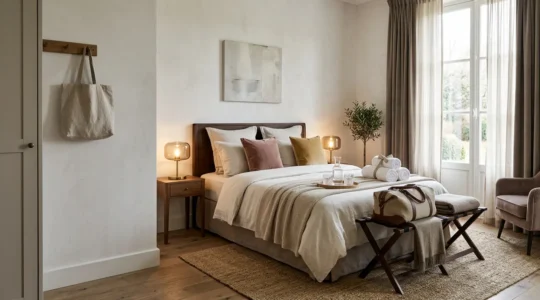 Chambre d'amis aménagée avec des détails hôtel de luxe, montrant un porte-valise en bois, des serviettes pliées, un éclairage tamisé et une ambiance accueillante