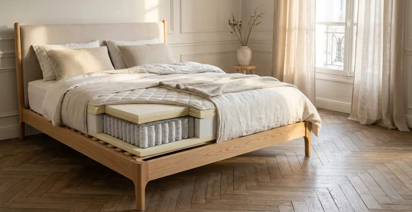 Chambre lumineuse avec lit au premier plan montrant la structure du sommier et du matelas en coupe transversale