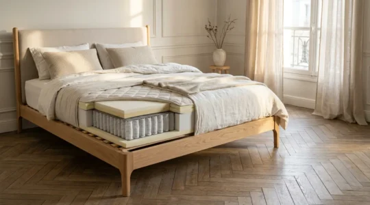 Chambre lumineuse avec lit au premier plan montrant la structure du sommier et du matelas en coupe transversale