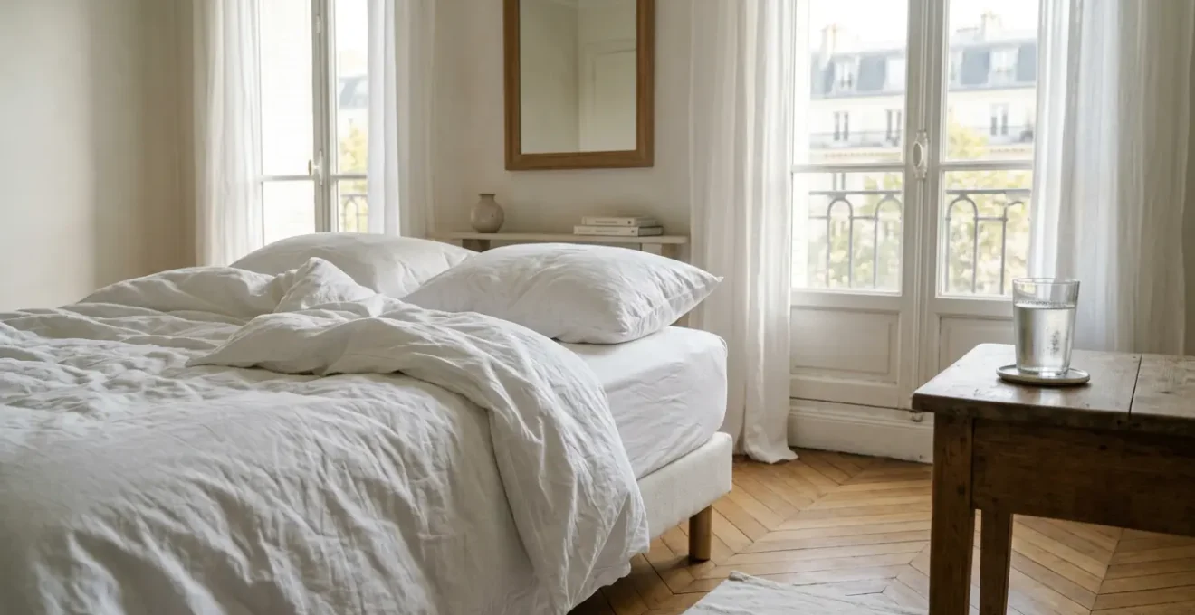 Chambre lumineuse avec draps en percale de coton blanc cassé, atmosphère fraîche et respirante