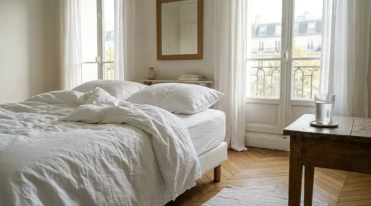 Chambre lumineuse avec draps en percale de coton blanc cassé, atmosphère fraîche et respirante