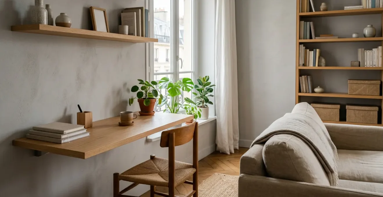 Coin bureau intégré harmonieusement dans un salon lumineux de 20m² avec bureau mural en bois et rangements discrets
