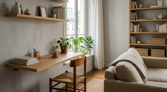 Coin bureau intégré harmonieusement dans un salon lumineux de 20m² avec bureau mural en bois et rangements discrets