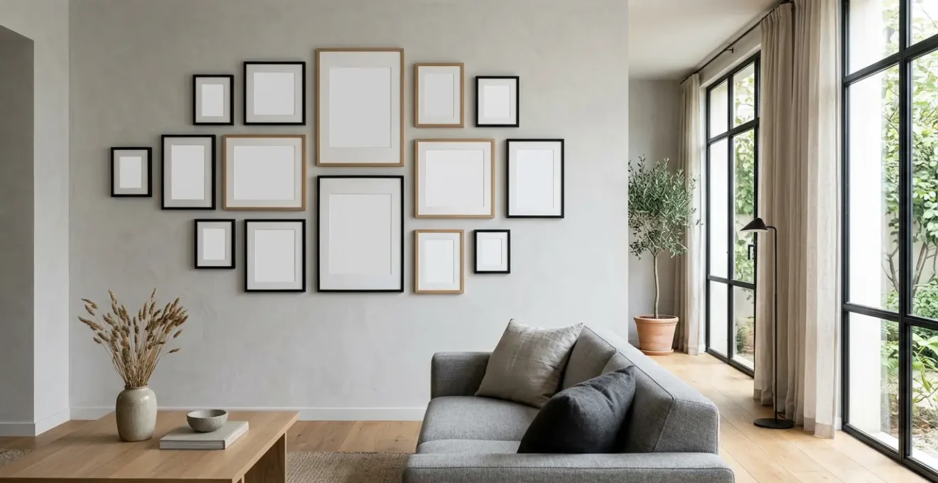 Composition murale harmonieuse de cadres dans un salon contemporain