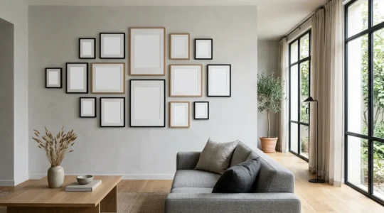 Composition murale harmonieuse de cadres dans un salon contemporain