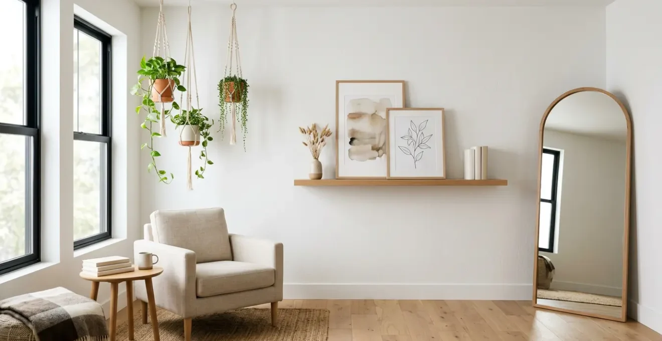 Salon lumineux avec mur décoré de cadres posés sur étagère flottante et miroir appuyé contre le mur