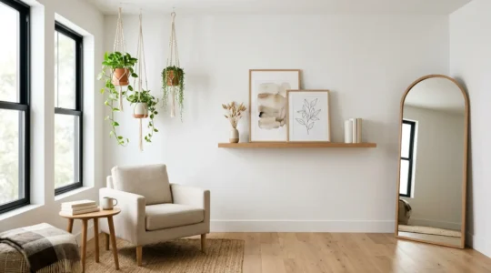 Salon lumineux avec mur décoré de cadres posés sur étagère flottante et miroir appuyé contre le mur