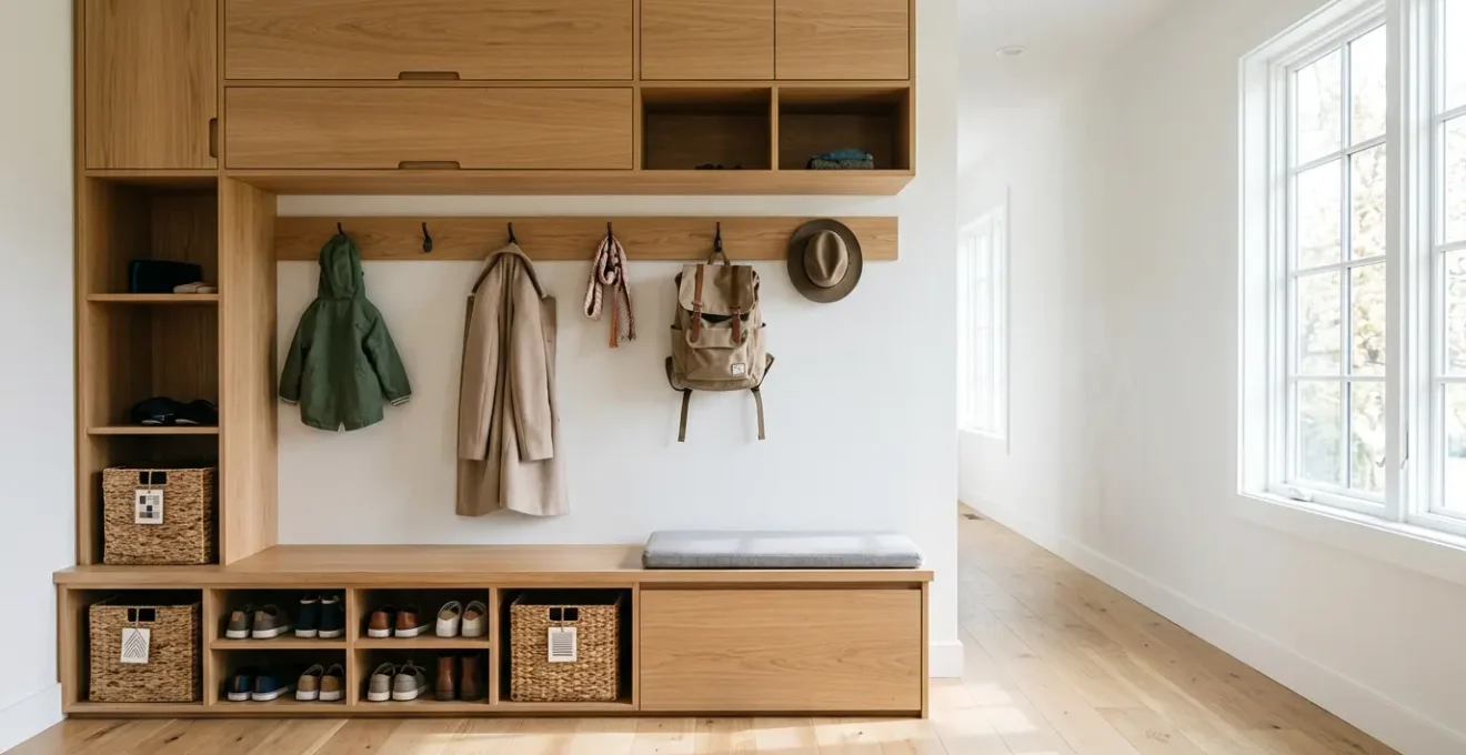 Entrée de maison familiale avec système de rangement mural optimisé pour chaussures et accessoires