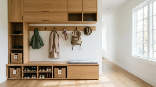 Entrée de maison familiale avec système de rangement mural optimisé pour chaussures et accessoires