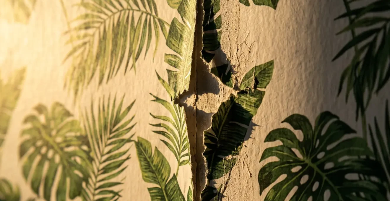 Détail d'un raccord de papier peint panoramique mal aligné avec un décalage visible du motif