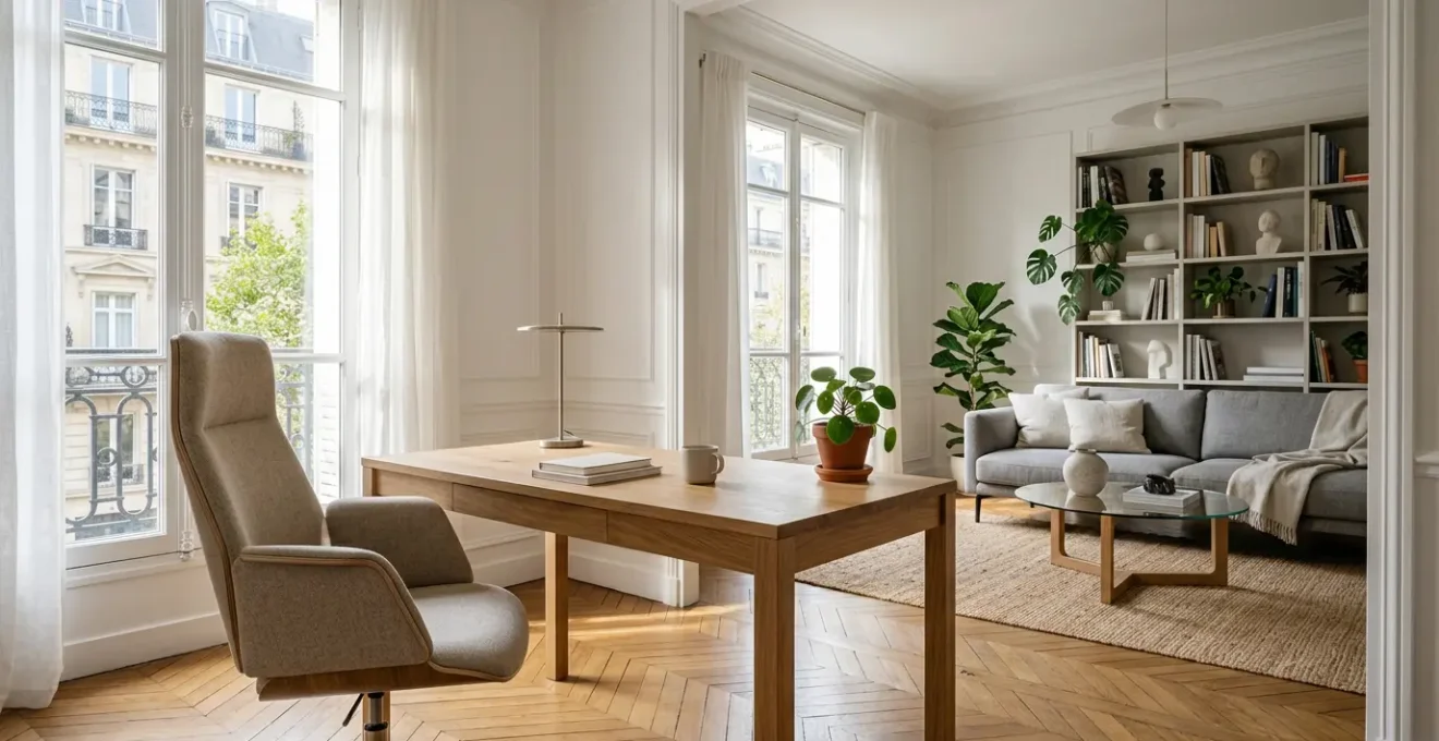 Un salon moderne et lumineux avec un coin bureau intégré harmonieusement, fauteuil ergonomique élégant