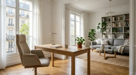 Un salon moderne et lumineux avec un coin bureau intégré harmonieusement, fauteuil ergonomique élégant