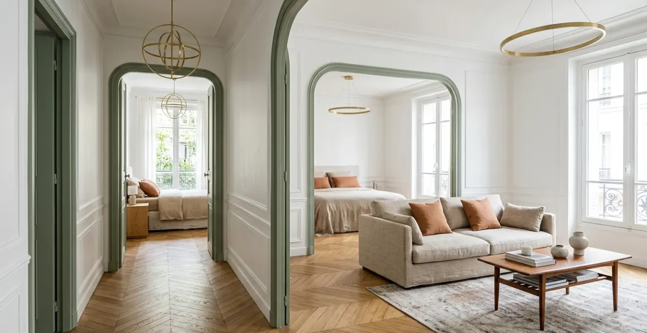 Vue d'ensemble d'un intérieur harmonisé avec des éléments décoratifs répétés entre différentes pièces