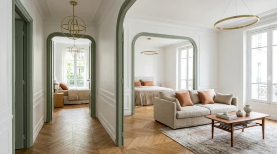 Vue d'ensemble d'un intérieur harmonisé avec des éléments décoratifs répétés entre différentes pièces