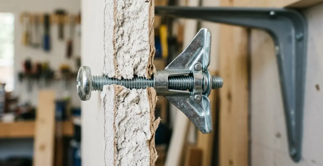 Vue rapprochée d'une cheville métallique Molly déployée dans une plaque de plâtre, montrant la fixation d'une étagère robuste