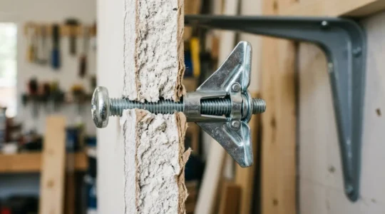 Vue rapprochée d'une cheville métallique Molly déployée dans une plaque de plâtre, montrant la fixation d'une étagère robuste
