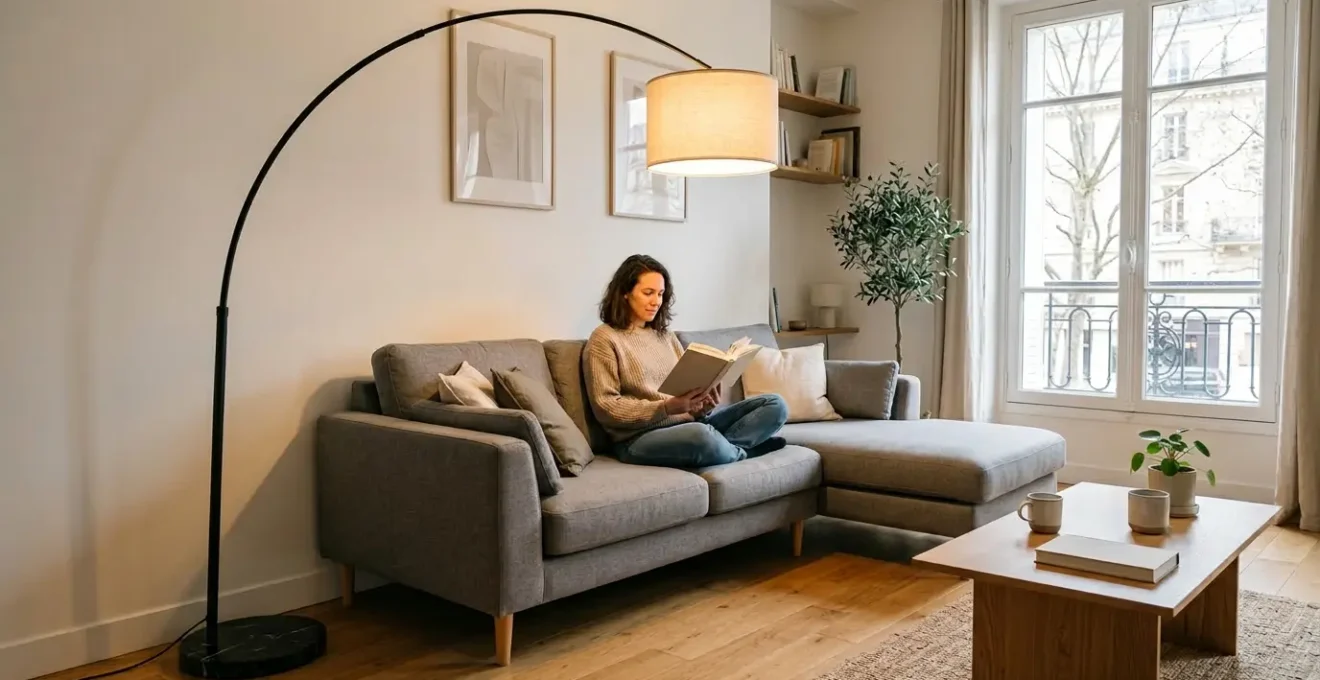 Salon moderne avec lampadaire arc élégant et sécurisé, éclairant un espace familial avec canapé et tapis antidérapant