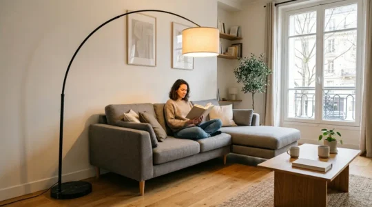 Salon moderne avec lampadaire arc élégant et sécurisé, éclairant un espace familial avec canapé et tapis antidérapant