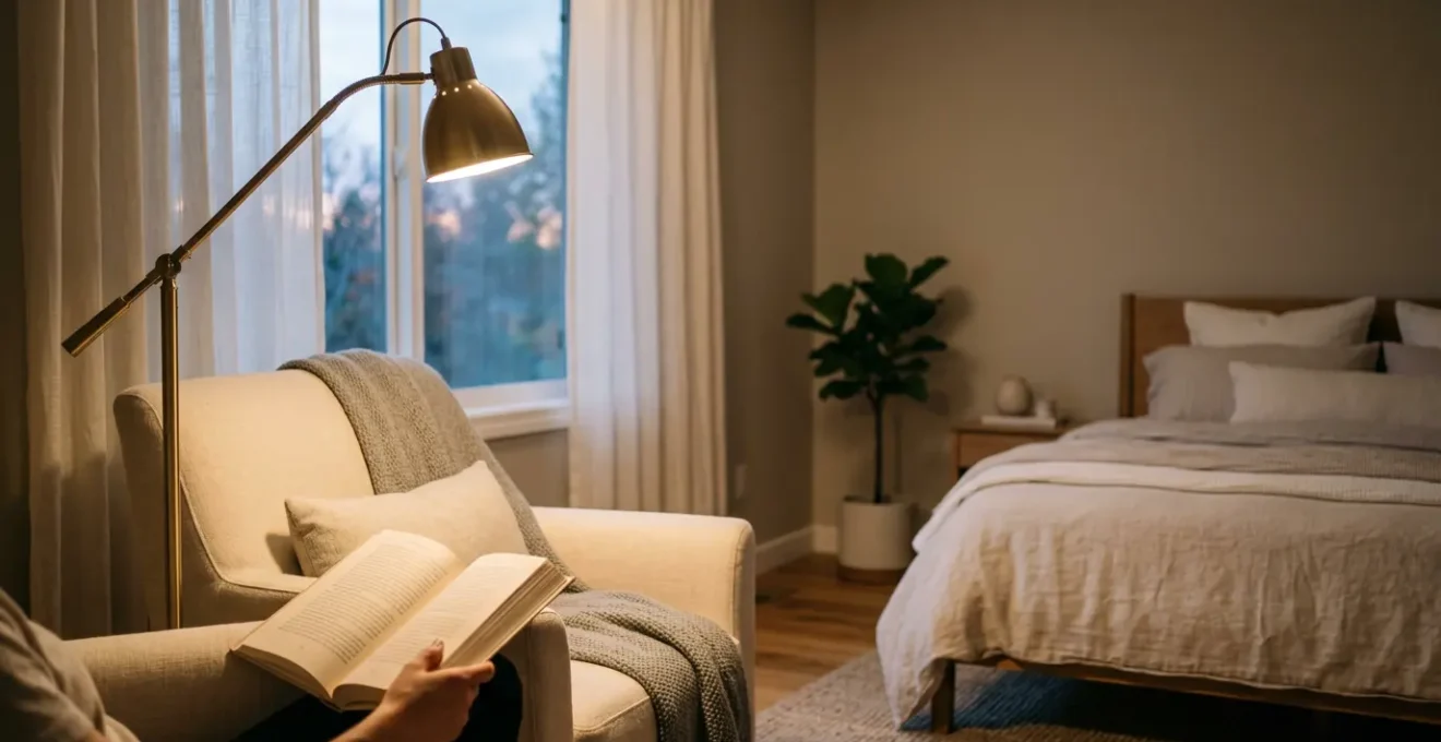 Chambre doucement éclairée avec une lampe de lecture créant une ambiance chaleureuse pour la lecture du soir
