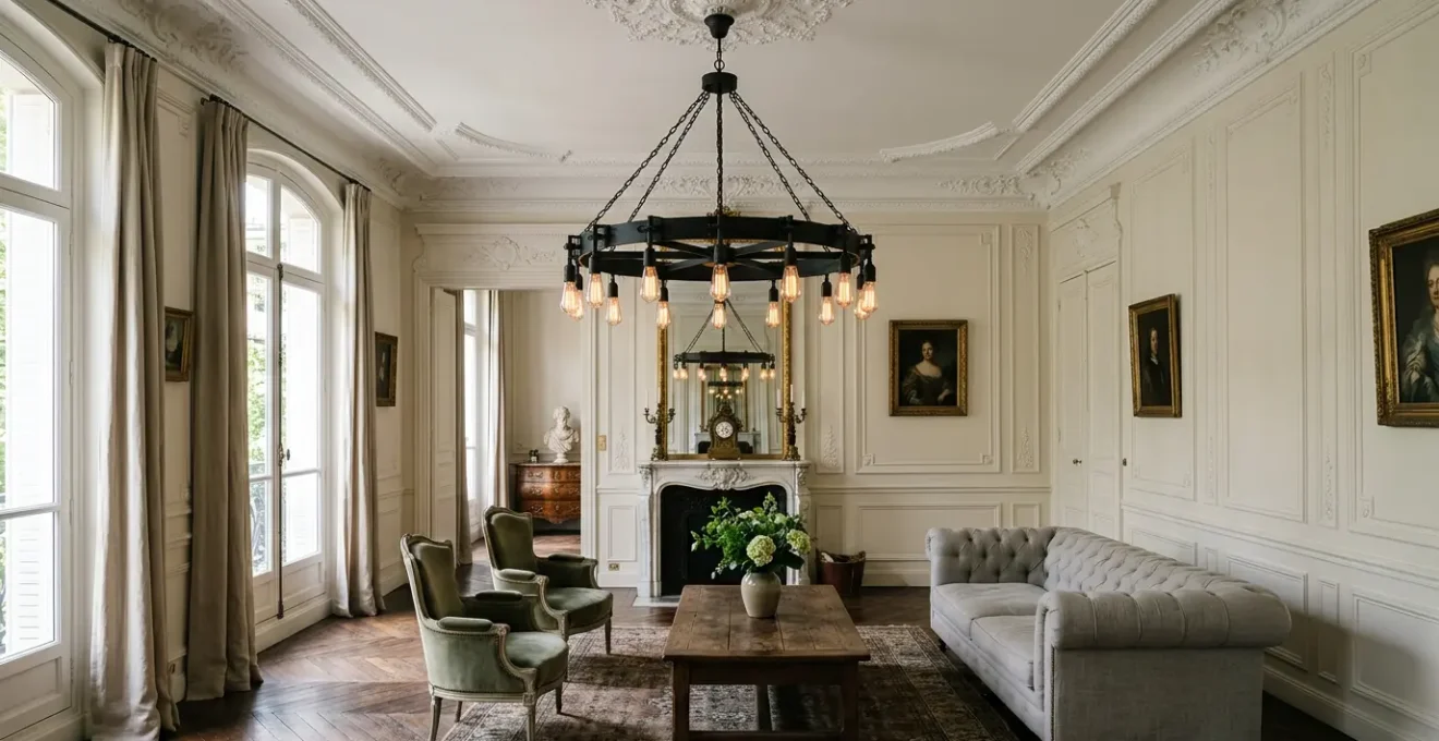 Lustre industriel noir suspendu dans un salon aux murs clairs avec moulures classiques et mobilier traditionnel
