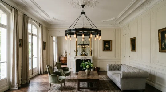 Lustre industriel noir suspendu dans un salon aux murs clairs avec moulures classiques et mobilier traditionnel