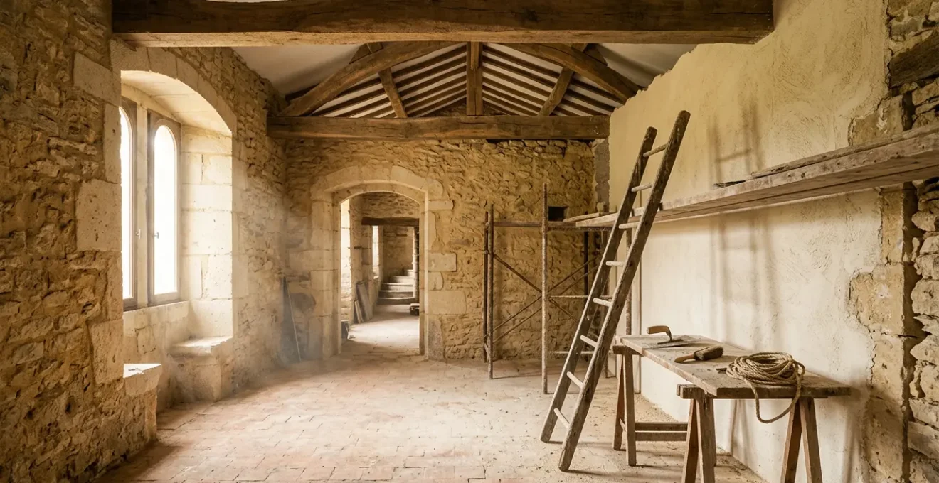 Intérieur d'une maison ancienne en cours de rénovation avec poutres apparentes et murs en pierre
