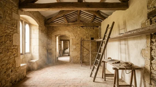 Intérieur d'une maison ancienne en cours de rénovation avec poutres apparentes et murs en pierre