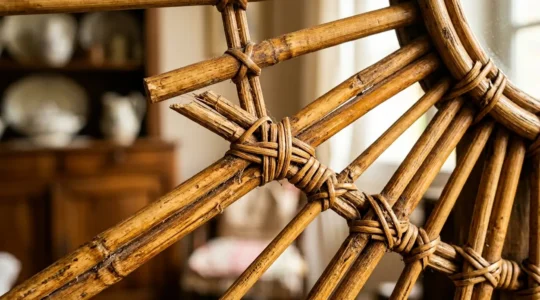 Gros plan sur un miroir soleil en rotin vintage avec ses brins tressés et sa patine dorée