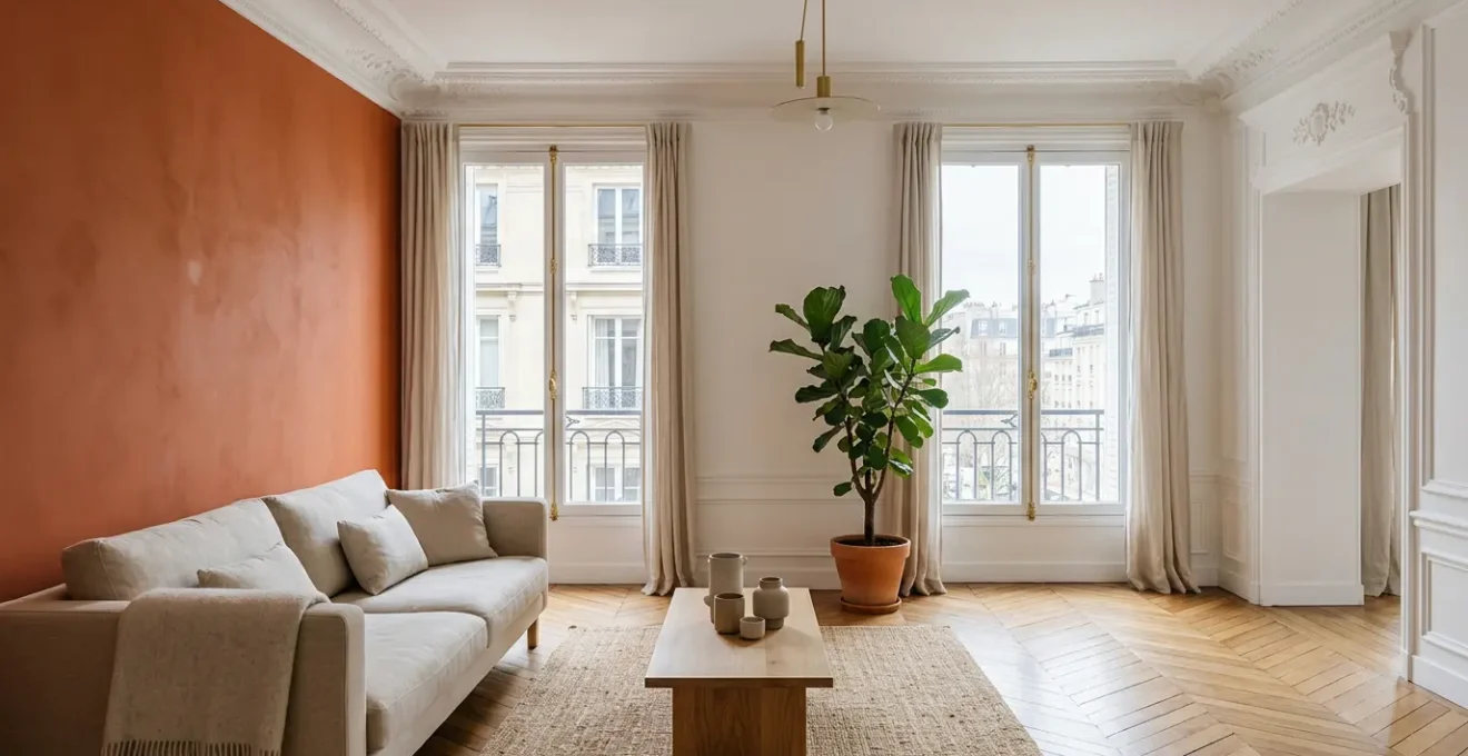 Intérieur lumineux avec mur terracotta dans une pièce orientée au nord