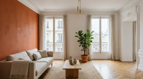 Intérieur lumineux avec mur terracotta dans une pièce orientée au nord