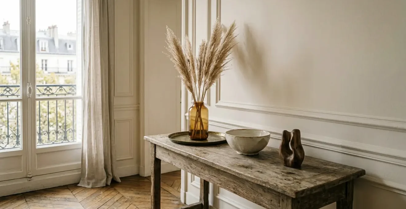 Composition d'objets décoratifs groupés par trois sur un plateau en bois dans un intérieur français élégant