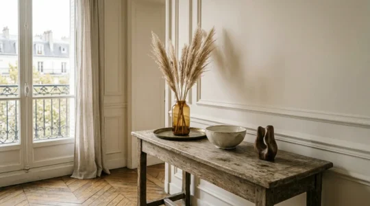 Composition d'objets décoratifs groupés par trois sur un plateau en bois dans un intérieur français élégant