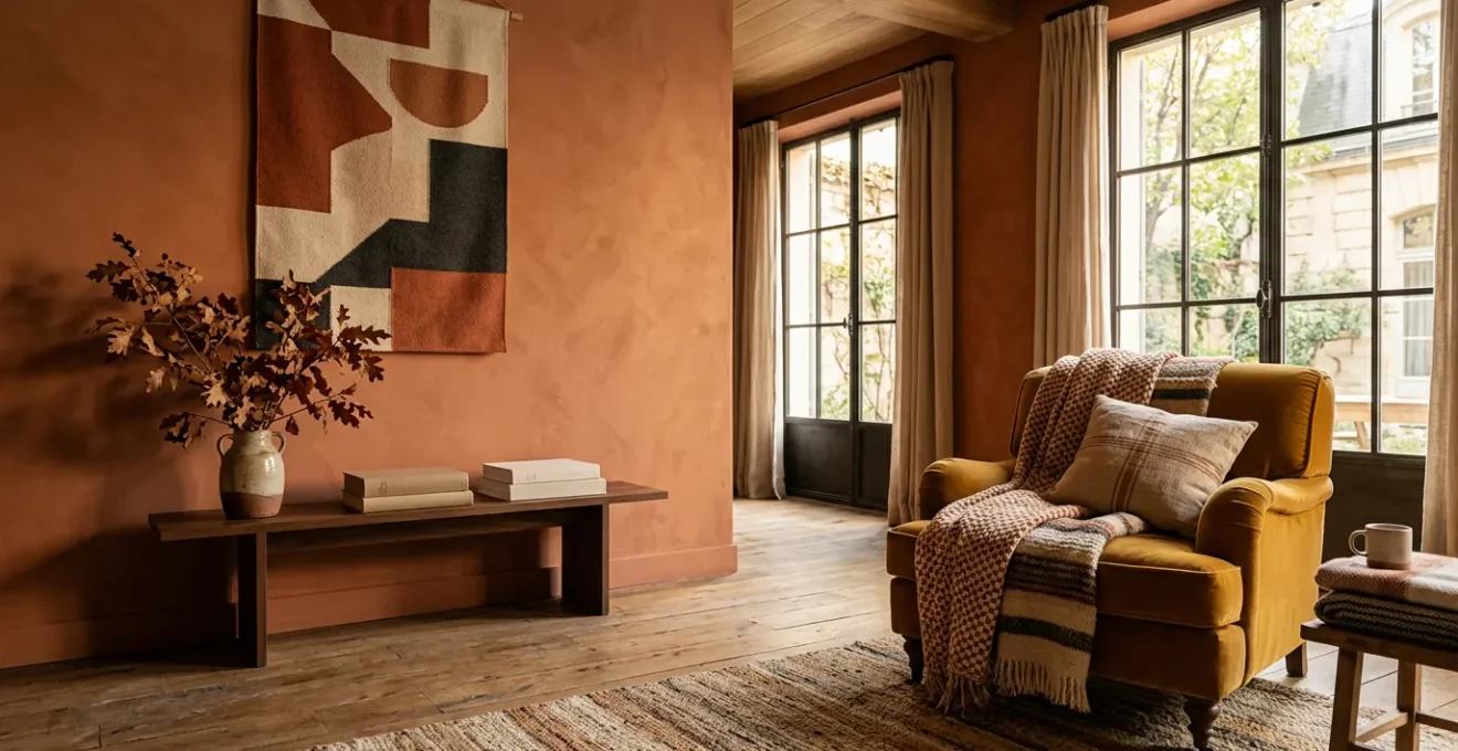 Salon chaleureux avec murs terracotta et textiles en velours moutarde créant une atmosphère hivernale réconfortante