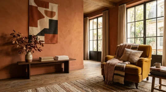 Salon chaleureux avec murs terracotta et textiles en velours moutarde créant une atmosphère hivernale réconfortante