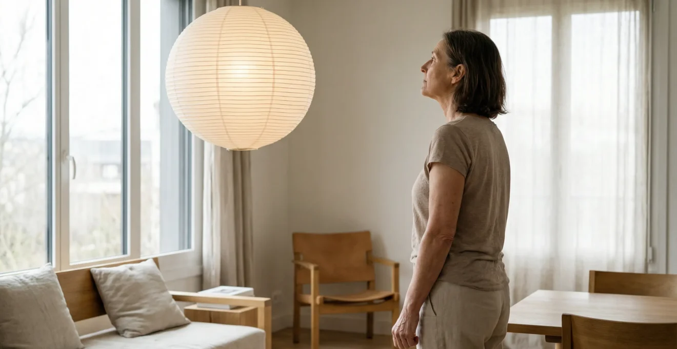 Personne observant suspension japonaise dans salon lumineux évaluant proportions visuellement