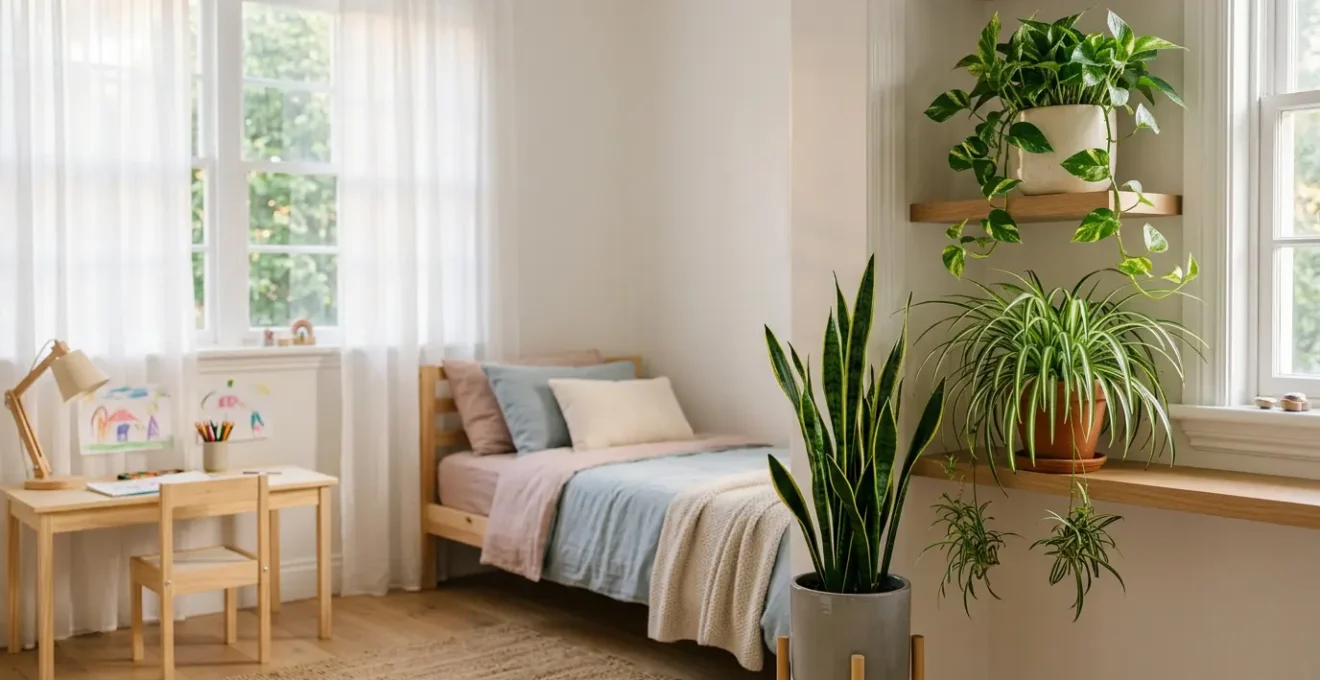 Chambre d'enfant lumineuse avec plantes vertes près de la fenêtre