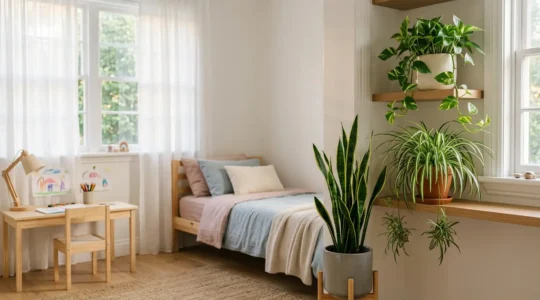 Chambre d'enfant lumineuse avec plantes vertes près de la fenêtre